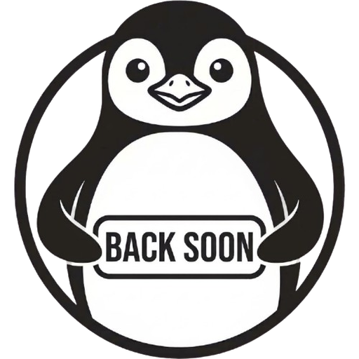 The larping.ink penguin holding a back soon sign